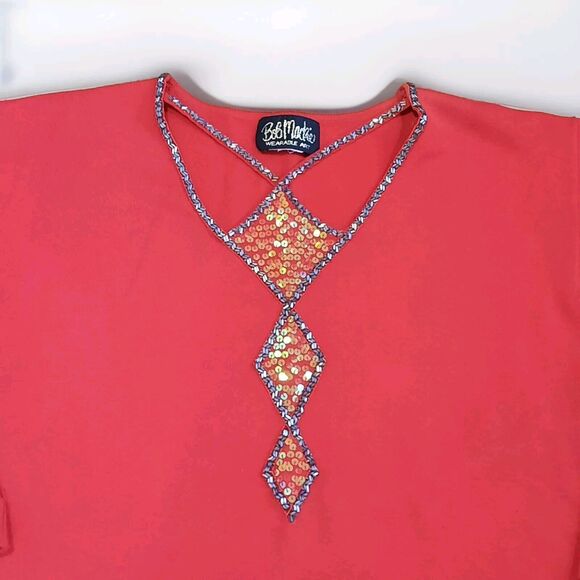 BOB MACKIE Red Wearable Art Diamond Cut Out Sequin Beaded Sweater Women Size L - Picture 3 of 4